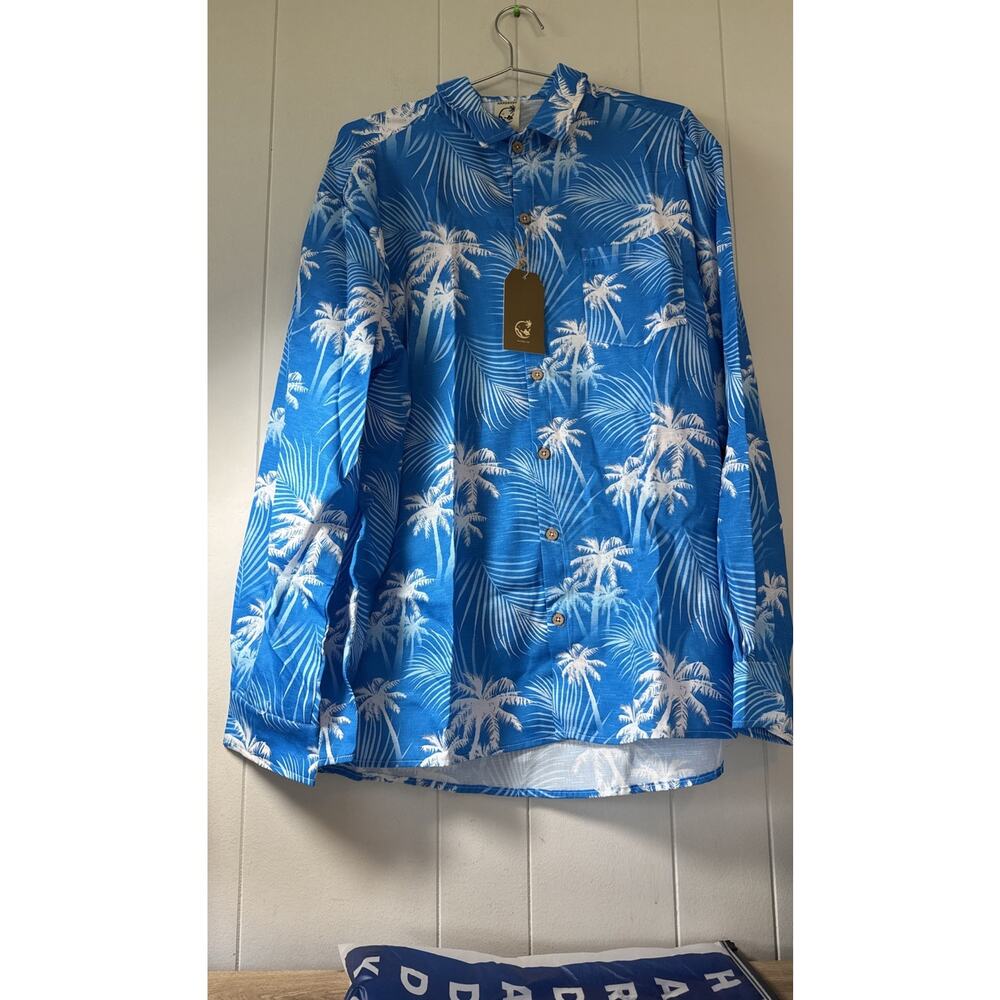 HARDADDY Blue Long Sleeve Collared Hawaiian Button Up Dress Shirt Large CC1